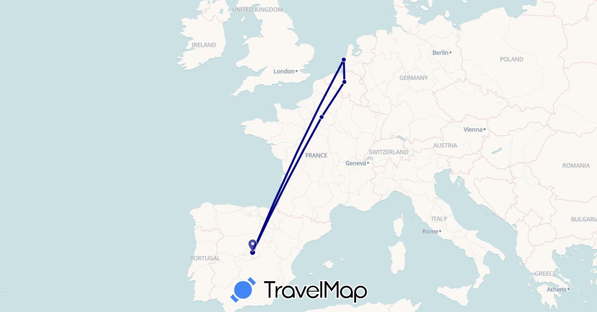 TravelMap itinerary: driving in Belgium, Spain, France, Netherlands (Europe)